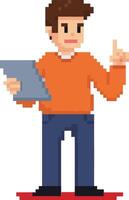 Young man holding tablet explaining or teaching with raised finger pixel art style illustration on red background vector