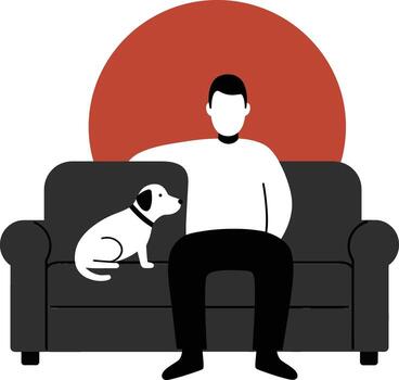 Man sitting on black couch with dog beside against red circle background minimal design vector