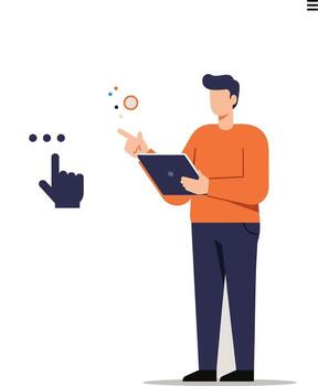 Man using tablet with speech bubble and finger icon in flat digital communication concept vector