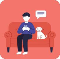Man sitting on red sofa with smartphone and small white dog companion in communication bubble illustration vector
