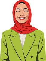 Young woman smiling wearing red hijab and green blazer portrait illustration cheerful expression vector
