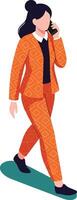 Woman in orange suit walking and talking on phone in isometric business concept illustration vector