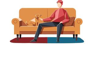 Man sitting on orange sofa with brown dog companion in minimalist polygonal style digital artwork vector