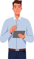 Young man using digital tablet in casual shirt with neutral background illustration technology and lifestyle concept vector