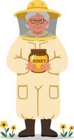 Beekeeper in protective suit holding honey jar with sunflowers standing on white background illustration vector