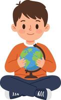 Young boy sitting cross-legged holding globe educational concept for children learning about world geography and cultures vector