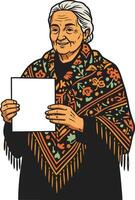 Elderly woman wearing patterned shawl holding blank paper portrait illustration with traditional textile design and gray hair vector