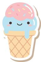 Cute smiling ice cream cone with pink and blue scoops and waffle cone illustration in pastel colors vector