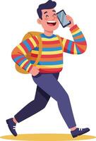 Young man walking and talking on smartphone with colorful striped sweater and backpack casual lifestyle activity vector