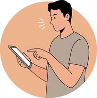 Young man using digital tablet device for browsing or work in casual outfit illustration vector