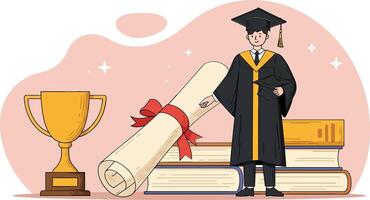 Graduation student holding diploma with trophy and books celebrating academic success illustration vector