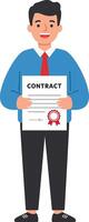 Man holding signed contract document in blue jacket and red tie standing on white background for business agreement concept vector
