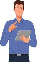 Young man using tablet device wearing blue shirt digital technology concept illustration vector