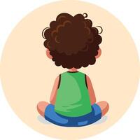Child Sitting Cross Legged Wearing Green Shirt and Blue Shorts Viewed from Behind in Minimalist Style vector
