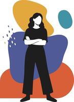 Woman standing confidently with arms crossed in front of abstract colorful shapes in modern style illustration vector