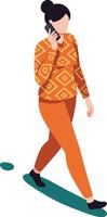 Woman walking and talking on phone in orange outfit with geometric pattern casual style vector