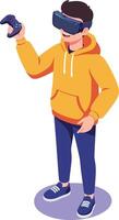 Boy wearing virtual reality headset playing immersive game with controller in casual clothes yellow orange hoodie and blue sneakers vector