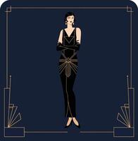 Elegant woman in black evening dress with gloves posing in art deco style frame with gold accents and navy background vector