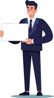 Businessman in navy suit holding blank white sign for presentation or advertisement in simple illustration style vector