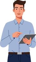 Young man using digital tablet for work or leisure in casual blue shirt and jeans illustration vector