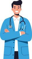 Male doctor in blue coat with stethoscope standing confidently with arms crossed in medical setting vector
