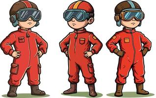 Three confident children wearing red racing suits and helmets standing with hands on hips in cartoon style illustration vector