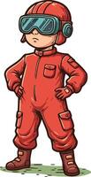 Child in red aviator suit with helmet and goggles standing confidently outdoors in cartoon style vector