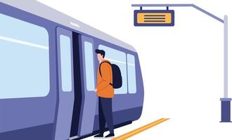 Man with backpack boarding modern train at station platform in urban public transport setting vector