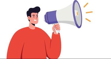 Young man holding megaphone announcing news or message in red sweater illustration vector