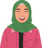 Smiling woman wearing green hijab and pink jacket expressing happiness and joy in portrait style digital illustration vector