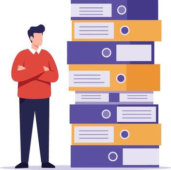 Man standing confidently beside large stack of organized office folders and documents in business environment vector