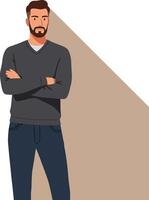 Bearded man with crossed arms wearing dark sweater and jeans standing against beige background illustration vector