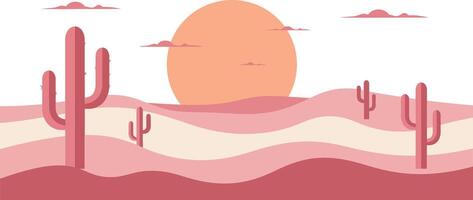 Desert landscape with cactus plants and sun setting over rolling hills in warm pink tones illustration vector