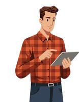 Man using digital tablet in casual red checkered shirt with blue jeans illustration vector