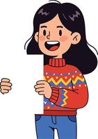Girl Holding Blank White Paper Sign Wearing Colorful Patterned Sweater with Happy Expression in Cartoon Style vector