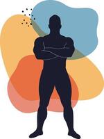 Silhouette of muscular man standing with crossed arms in front of abstract multicolor shapes illustration vector