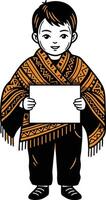 Child holding blank sign wearing patterned poncho with fringe in black and orange colors vector