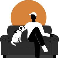 Man sitting on black sofa with dog and orange circle background modern minimal illustration vector