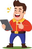 Happy man using tablet device smiling and pointing at screen in casual clothes illustration vector