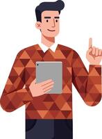 Young man holding tablet and pointing finger digital device user with geometric sweater illustration vector
