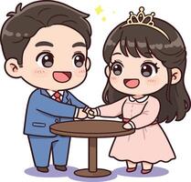 Cute couple shaking hands at a round table wearing formal clothes illustration with soft purple background vector