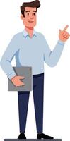 Businessman holding tablet and pointing finger with confident expression illustration vector