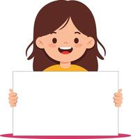 Girl holding blank white sign smiling cheerful expression for communication and messages vector