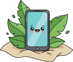 Cute smartphone character with happy face surrounded by green leaves and sand natural elements cheerful scene vector