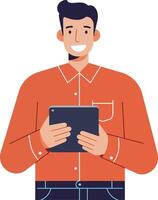 Young man using digital tablet in casual orange shirt with happy expression illustration vector