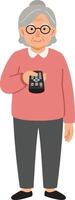 Elderly woman holding a camera wearing pink sweater and black pants standing isolated on white background vector