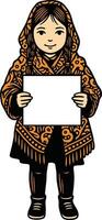 Young girl holding blank white sign wearing patterned orange shawl and black boots illustration vector
