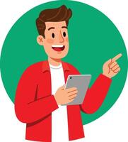 Young man using digital tablet and pointing with finger in casual outfit illustration vector