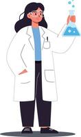 Female scientist holding flask with blue liquid in laboratory coat conducting experiment research vector