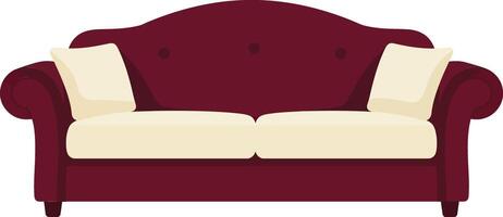 Comfortable burgundy red sofa with cream cushions in modern interior design setting vector